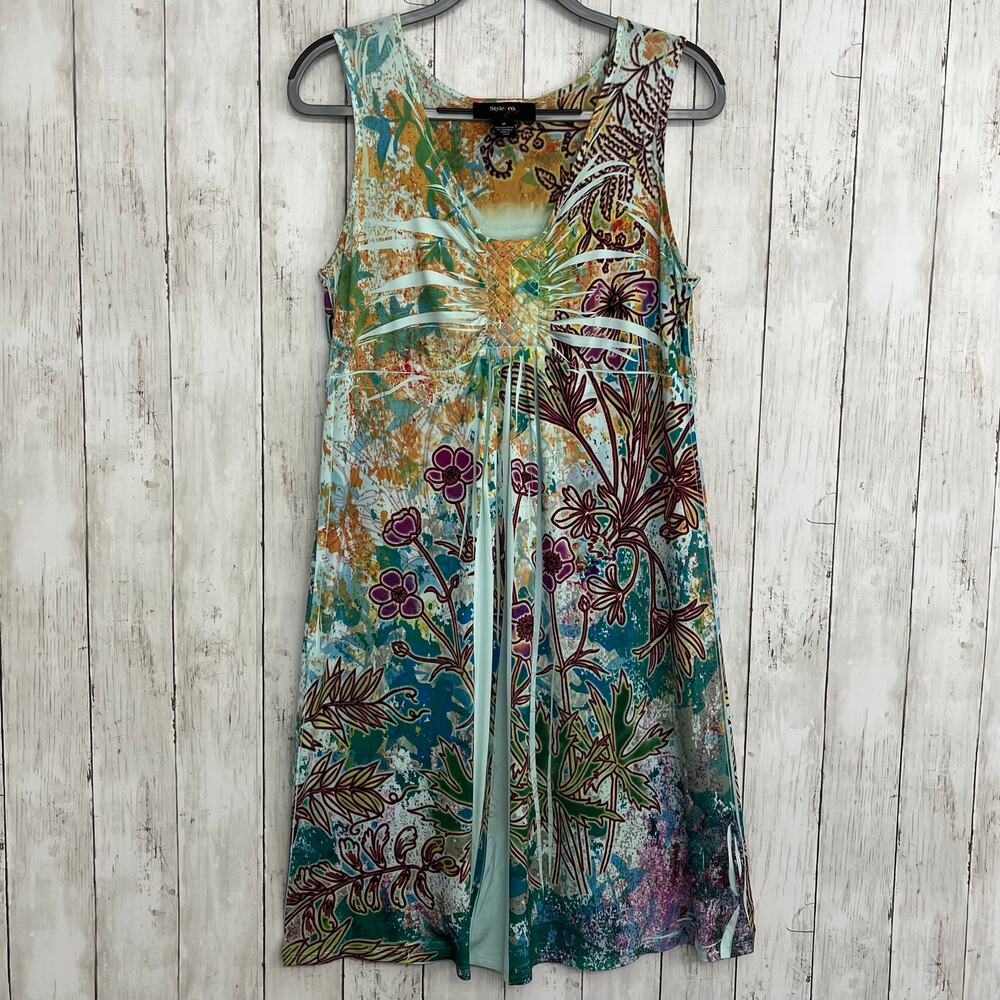 Style & Co Blue Floral Abstract Print Midi Dress Size Medium Sleeveless 90s Vibe